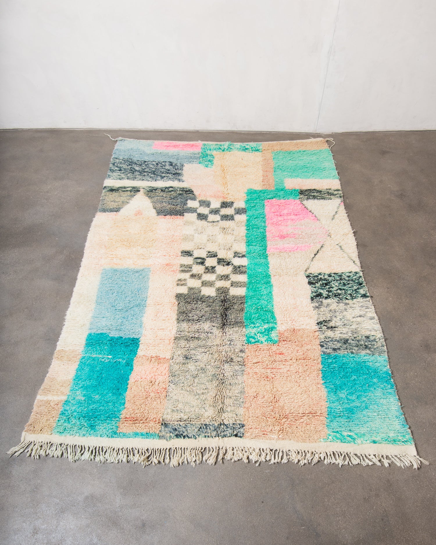 Modern, designer, handcrafted Berber rug from Morocco. Vintage carpet with beautiful colours and patterns and fluffy texture.